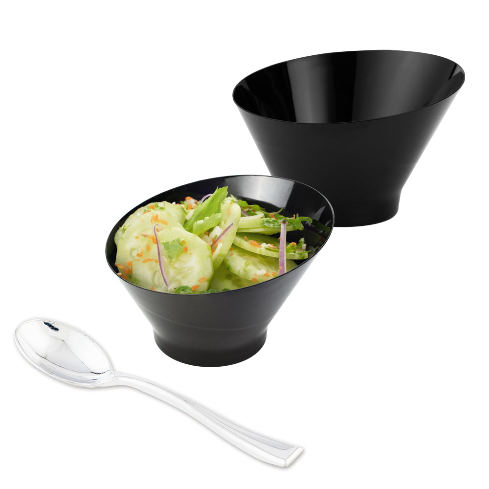 Mini Serve 100 5 oz Round Black Plastic Small Incline Bowls and 100 Silver Plastic 4" Mini Spoons