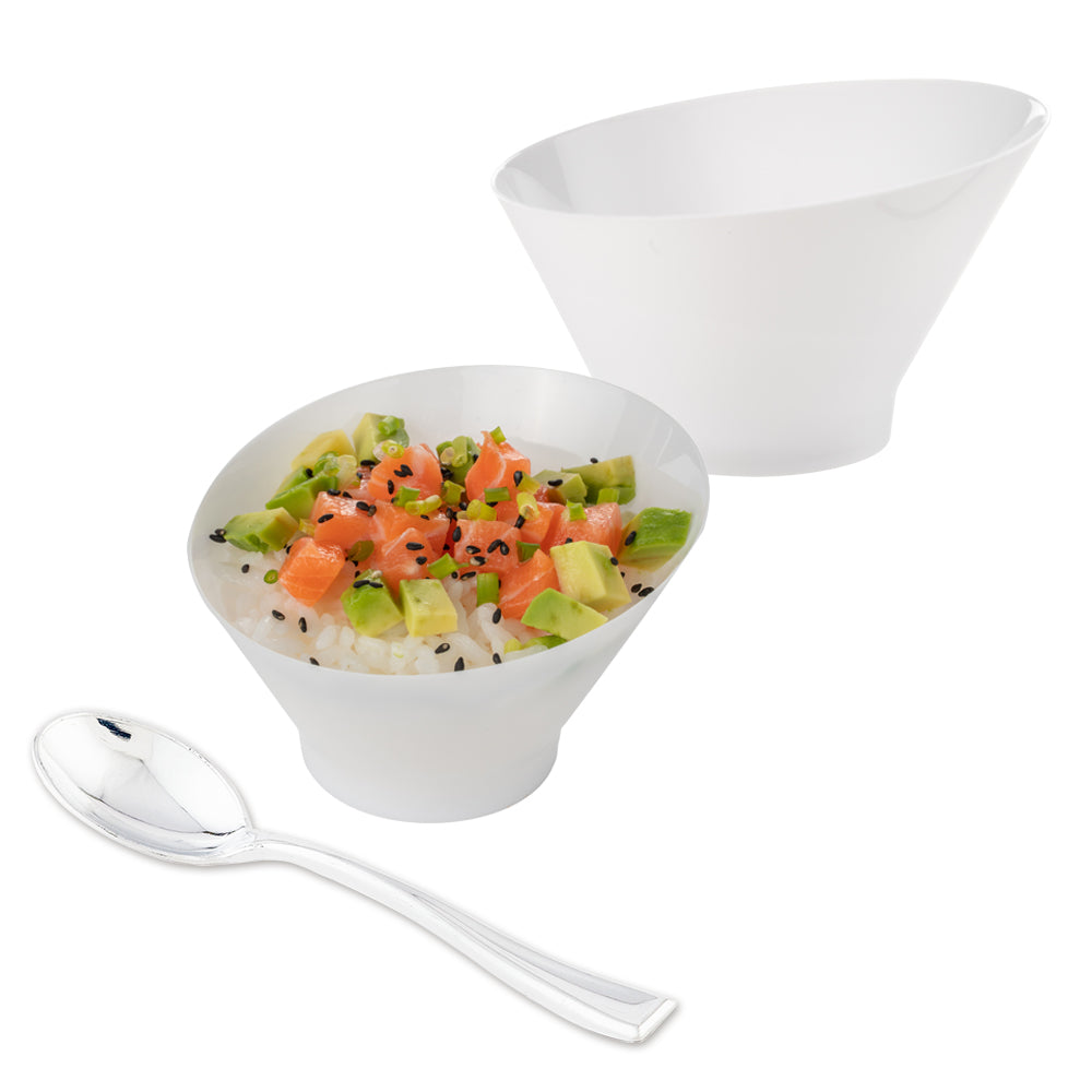 Mini Serve 100 5 oz Round White Plastic Small Incline Bowls and 100 Silver Plastic 4" Mini Spoons