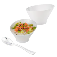 Mini Serve 100 5 oz Round White Plastic Small Incline Bowls and 100 Silver Plastic 4