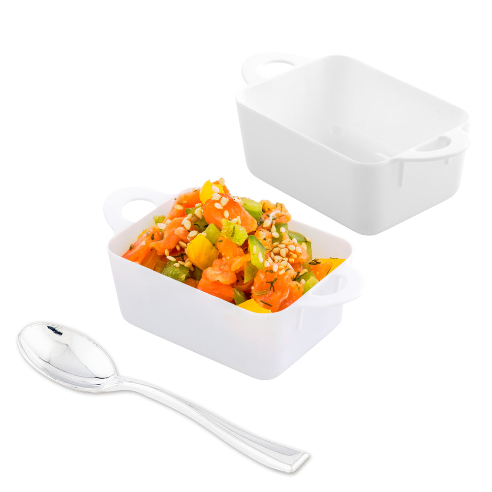 Mini Serve 100 3 oz Rectangle White Plastic Cocottes and 100 Silver Plastic 4" Mini Spoons
