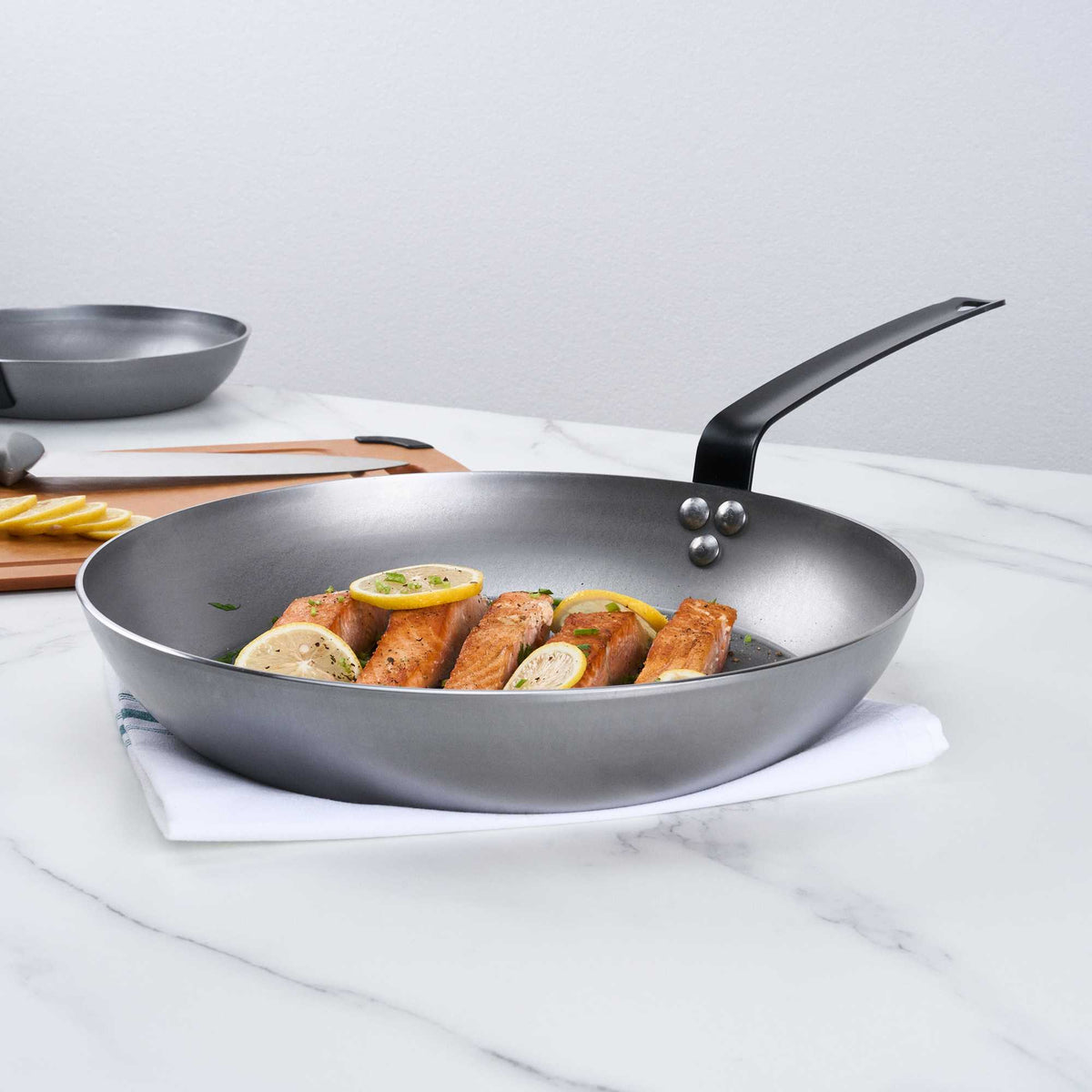 Met Lux 1 Carbon Steel 13" Non-Stick Fry Pan and 1 Black Silicone Pan Handle Sleeve