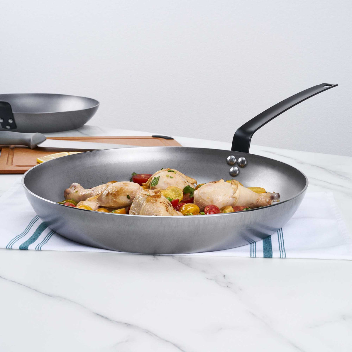 Met Lux 1 Carbon Steel 14" Non-Stick Fry Pan and 1 Black Silicone Pan Handle Sleeve