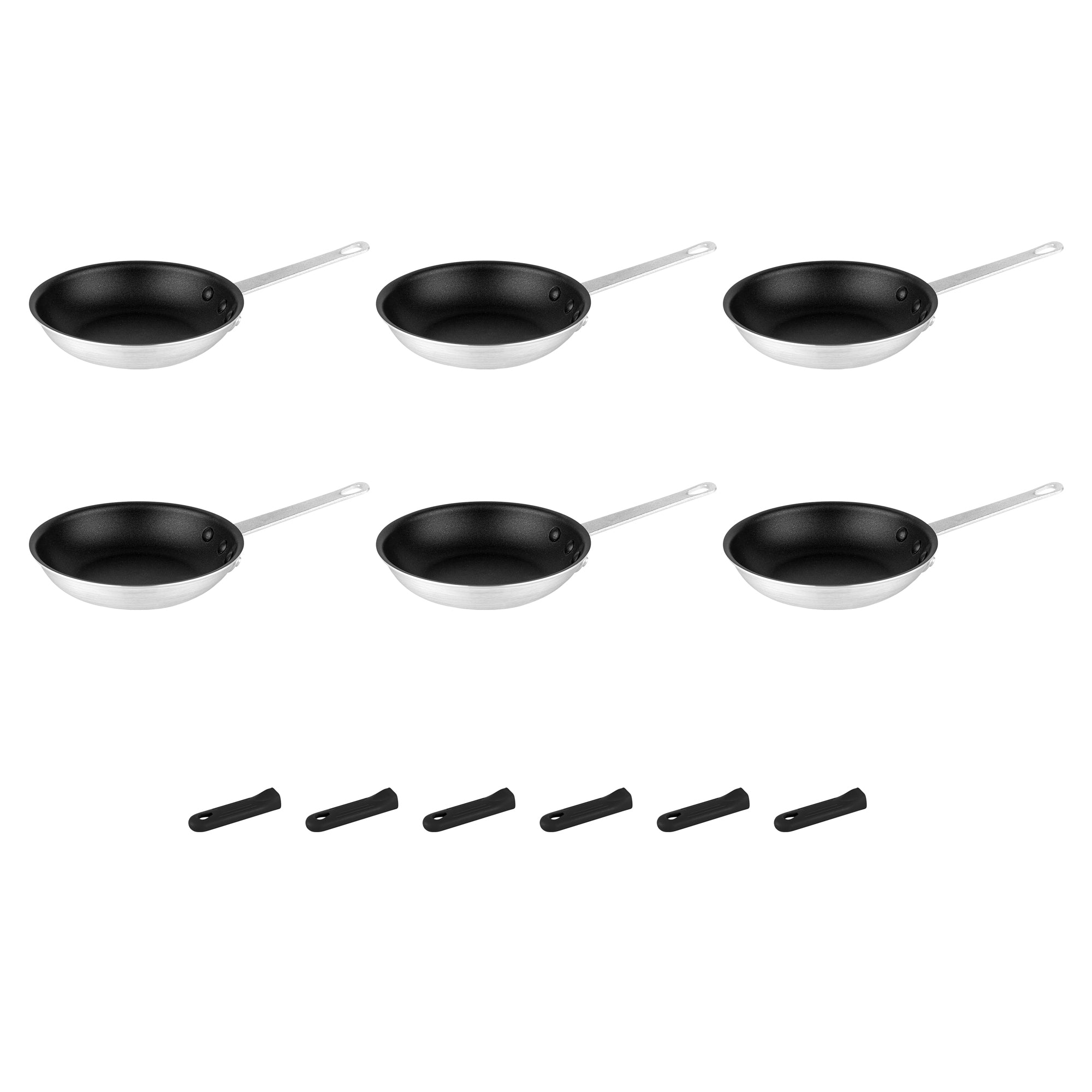 Met Lux 6 Aluminum 7" Non-Stick Fry Pans and 6 Black Silicone Pan Handle Sleeves