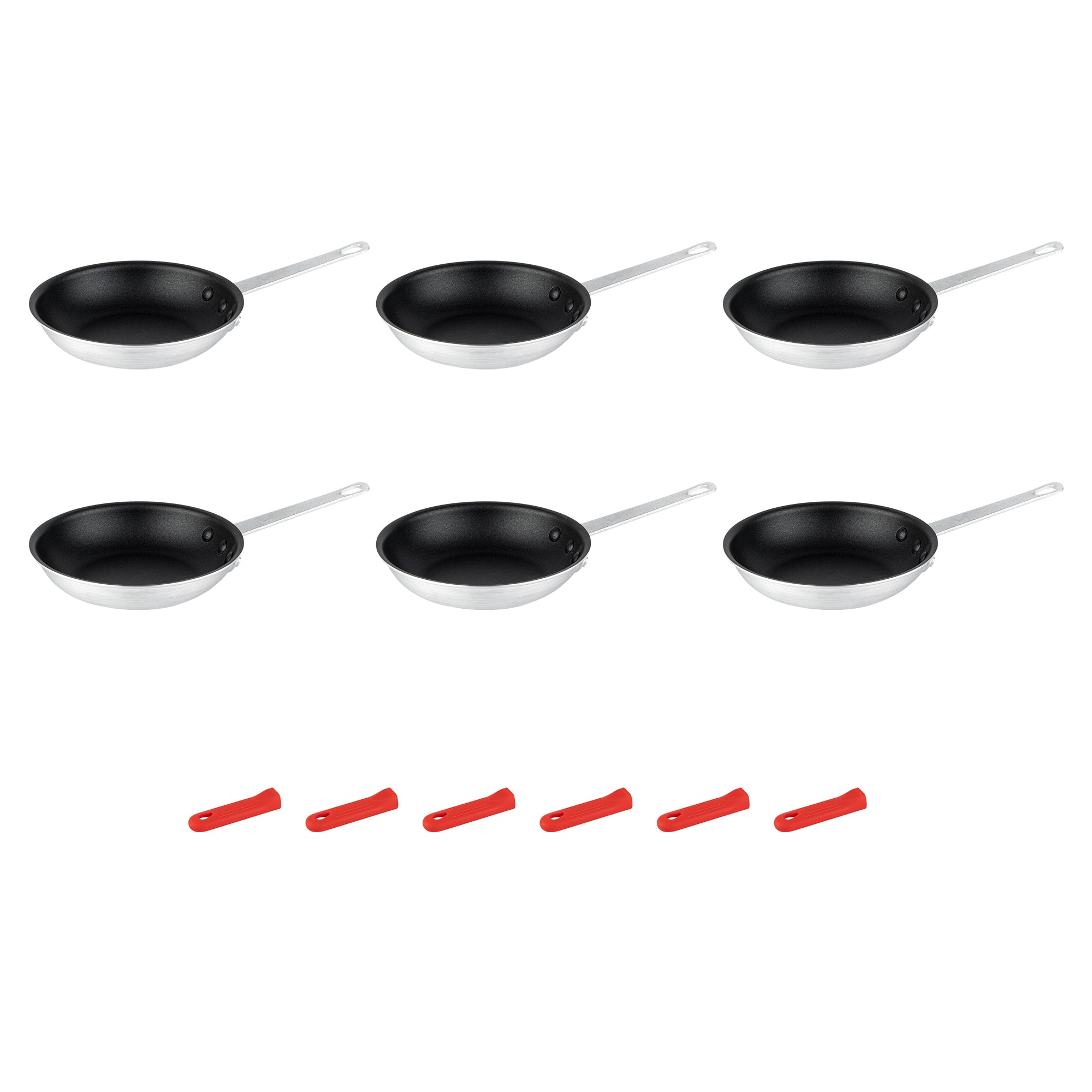 Met Lux 6 Aluminum 7" Non-Stick Fry Pans and 6 Red Silicone Pan Handle Sleeves