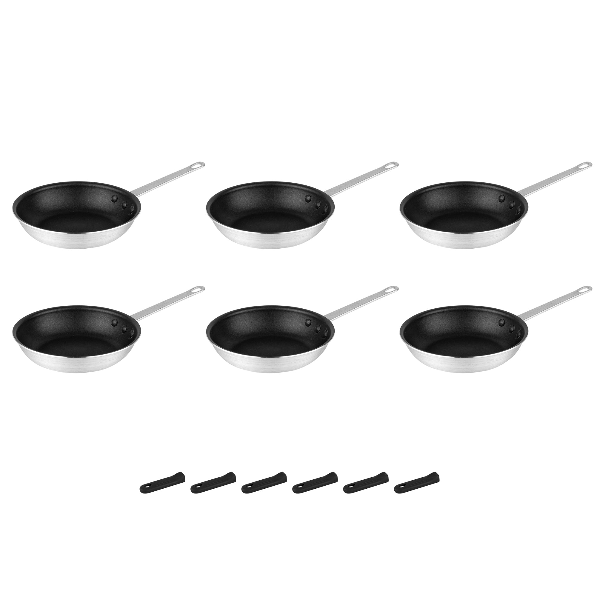 Met Lux 6 Aluminum 8" Non-Stick Fry Pans and 6 Black Silicone Pan Handle Sleeves