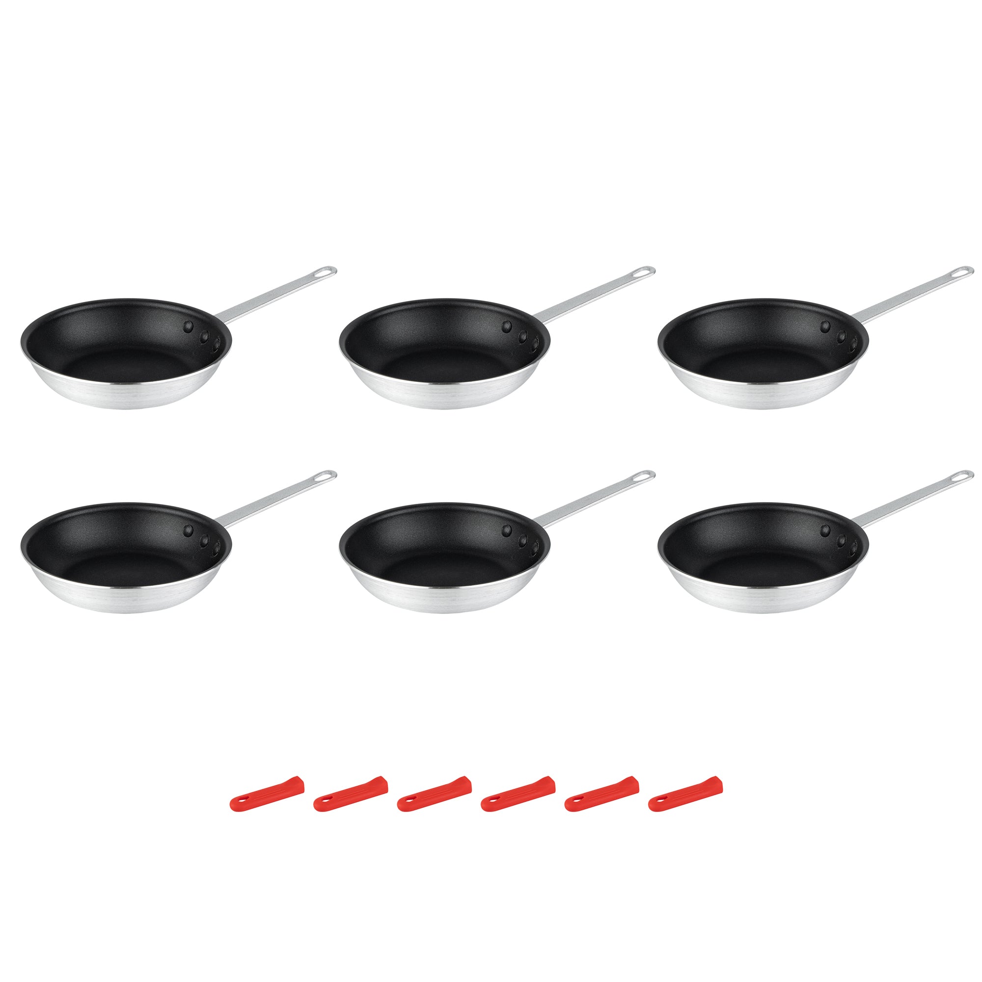 Met Lux 6 Aluminum 8" Non-Stick Fry Pans and 6 Red Silicone Pan Handle Sleeves