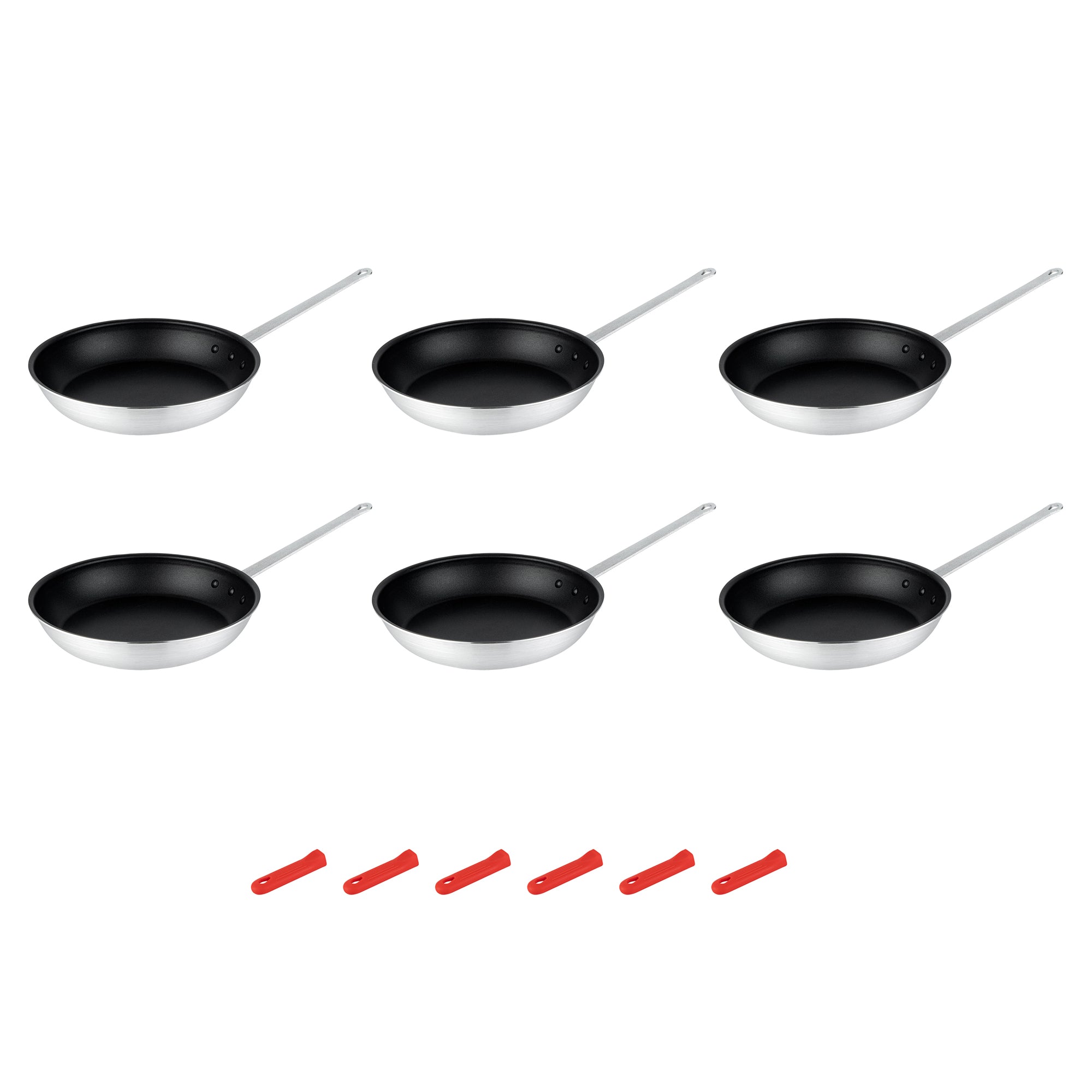 Met Lux 6 Aluminum 14" Non-Stick Fry Pans and 6 Red Silicone Pan Handle Sleeves