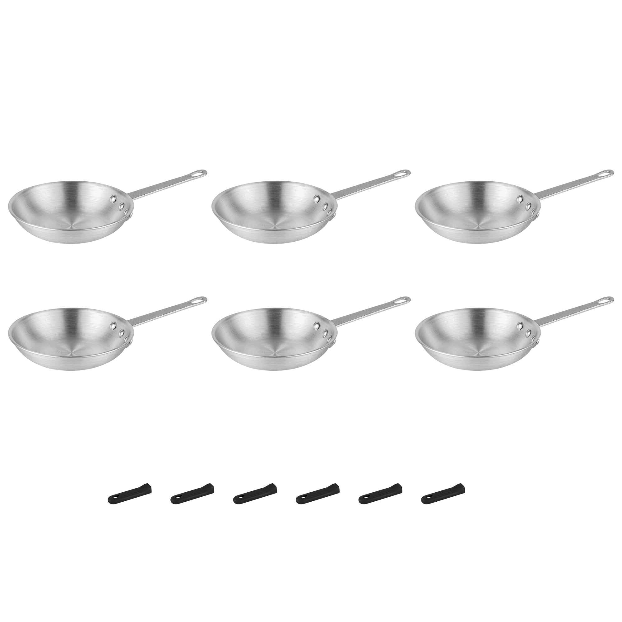 Met Lux 6 Aluminum 7" Fry Pans and 6 Black Silicone Pan Handle Sleeves