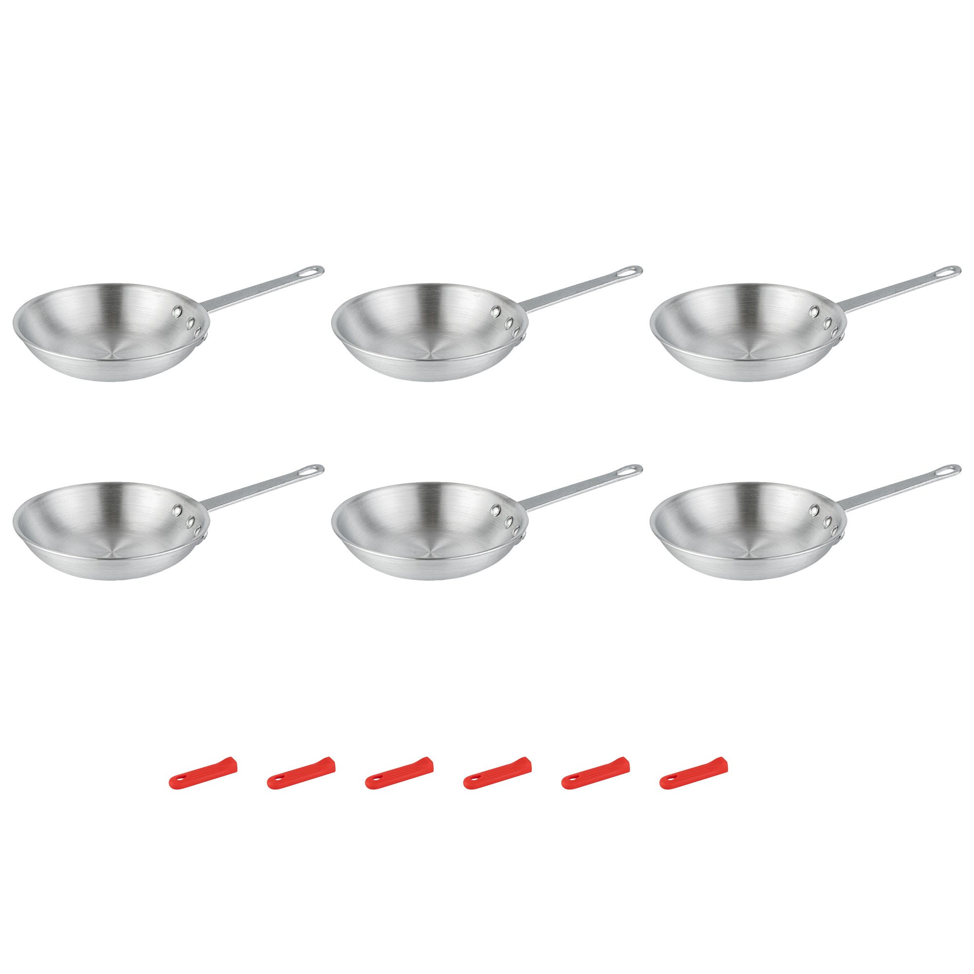 Met Lux 6 Aluminum 7" Fry Pans and 6 Red Silicone Pan Handle Sleeves