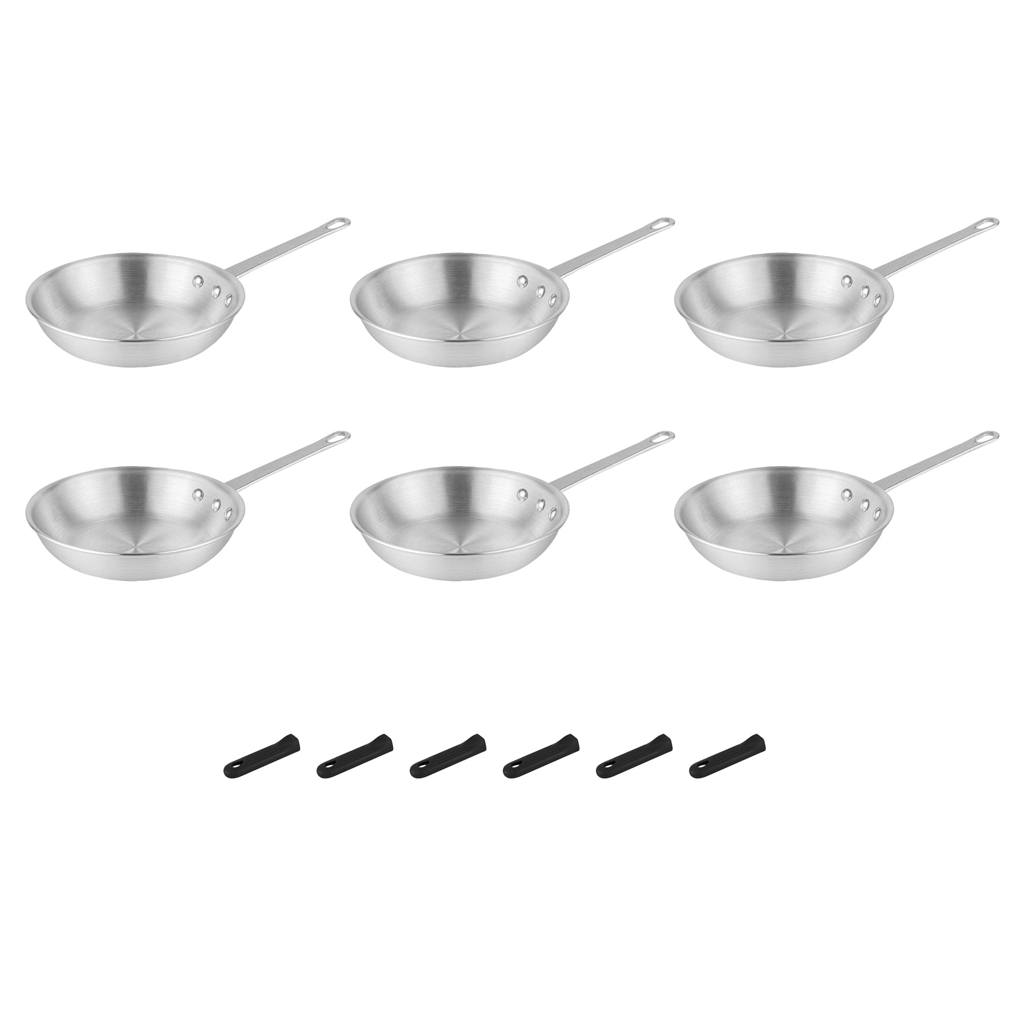 Met Lux 6 Aluminum 8" Fry Pans and 6 Black Silicone Pan Handle Sleeves