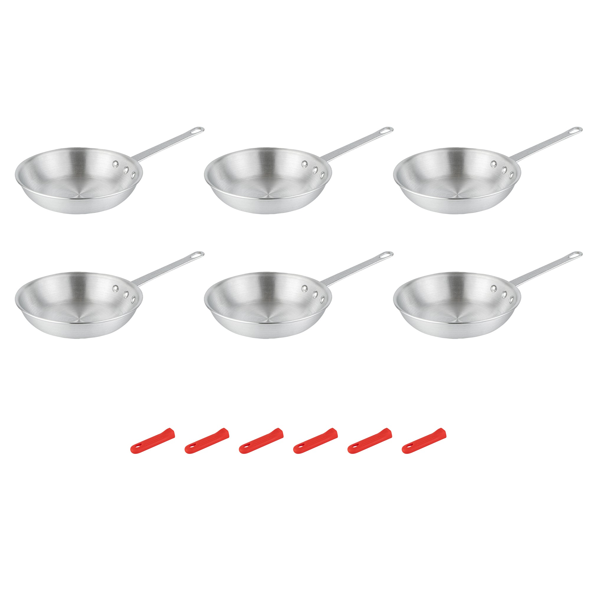 Met Lux 6 Aluminum 8" Fry Pans and 6 Red Silicone Pan Handle Sleeves