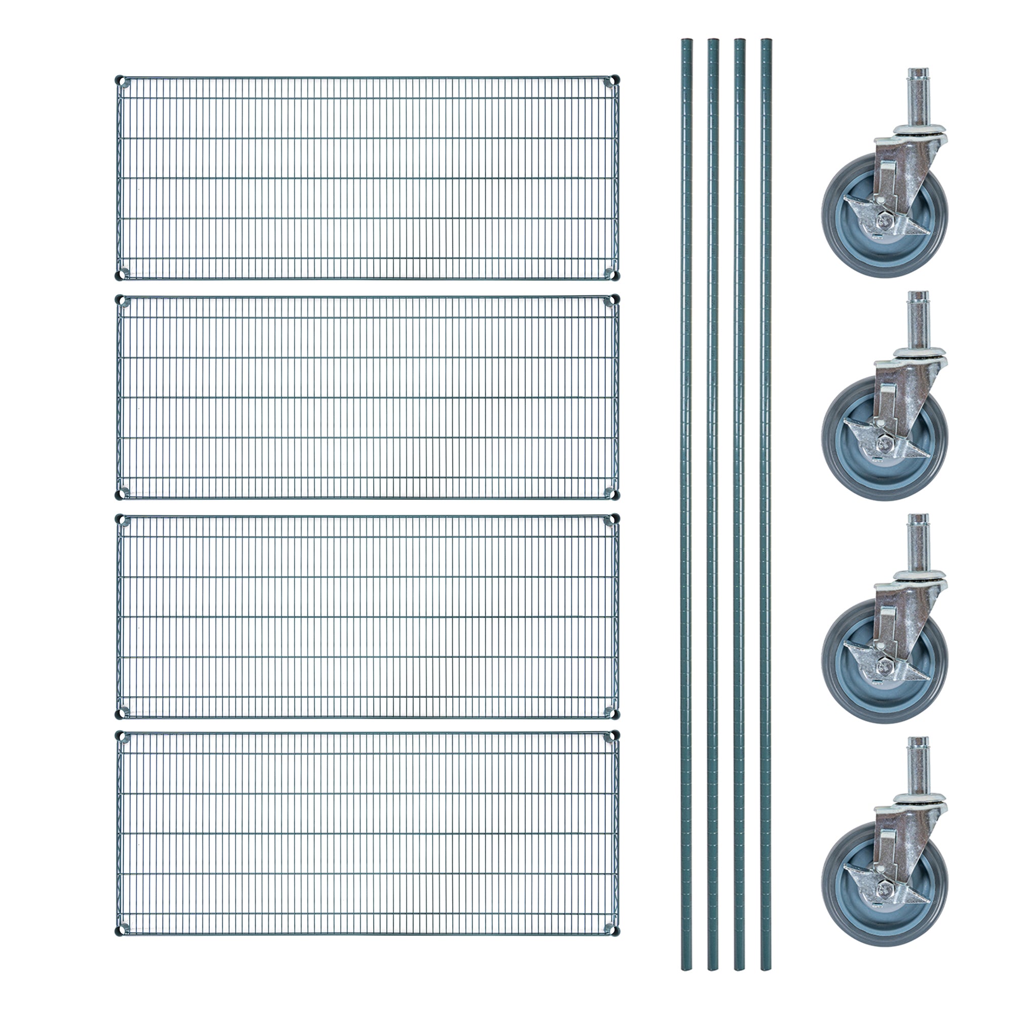 Chef 101 4-Tier NSF Green Epoxy Shelving Unit - and 24" x 60" Shelves, 74" Posts and Casters