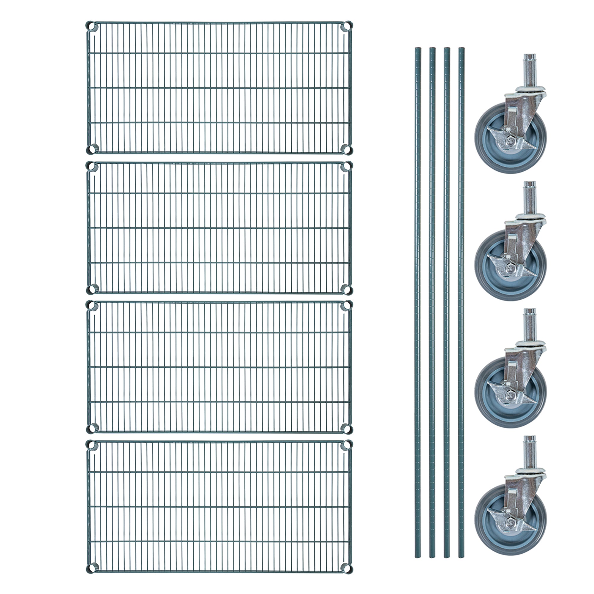 Chef 101 4-Tier NSF Green Epoxy Shelving Unit - and 18" x 36" Shelves, 74" Posts and Casters