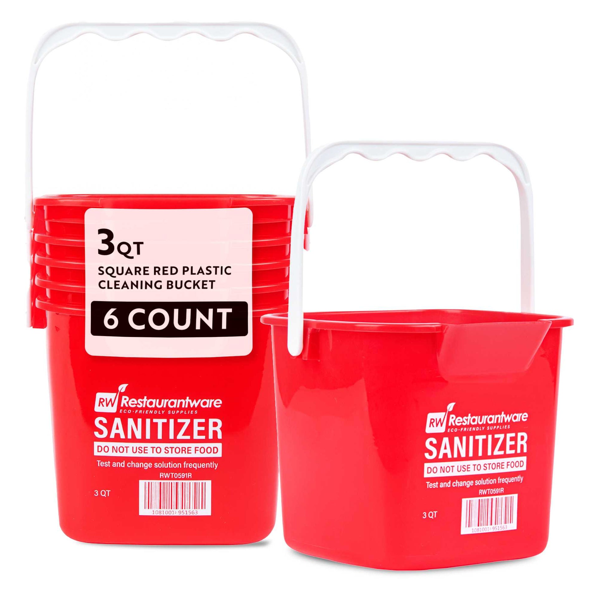 RW Clean 3 Qt Square Red Plastic Sanitizing Bucket - with Plastic Handle - 7" x 6 3/4" x 6" - 6 count box