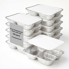Foil Lux 23 oz Rectangle Silver Aluminum Take Out Tray - with Lid, 3-Compartment - 8 1/2