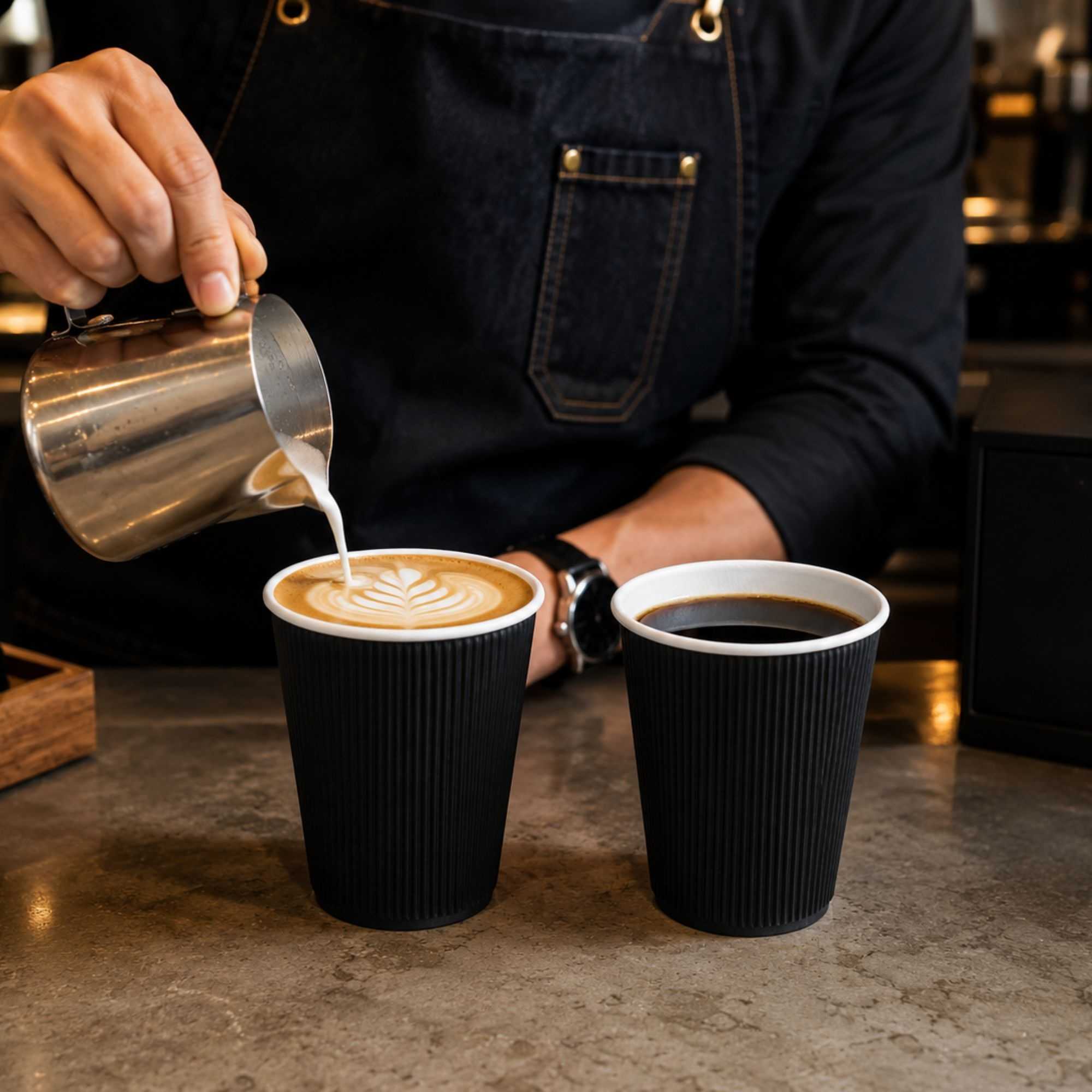 Restpresso 12 oz Black Paper Coffee Cup - Ripple Wall - 3 1/2" x 3 1/2" x 4 1/4" - 100 count box
