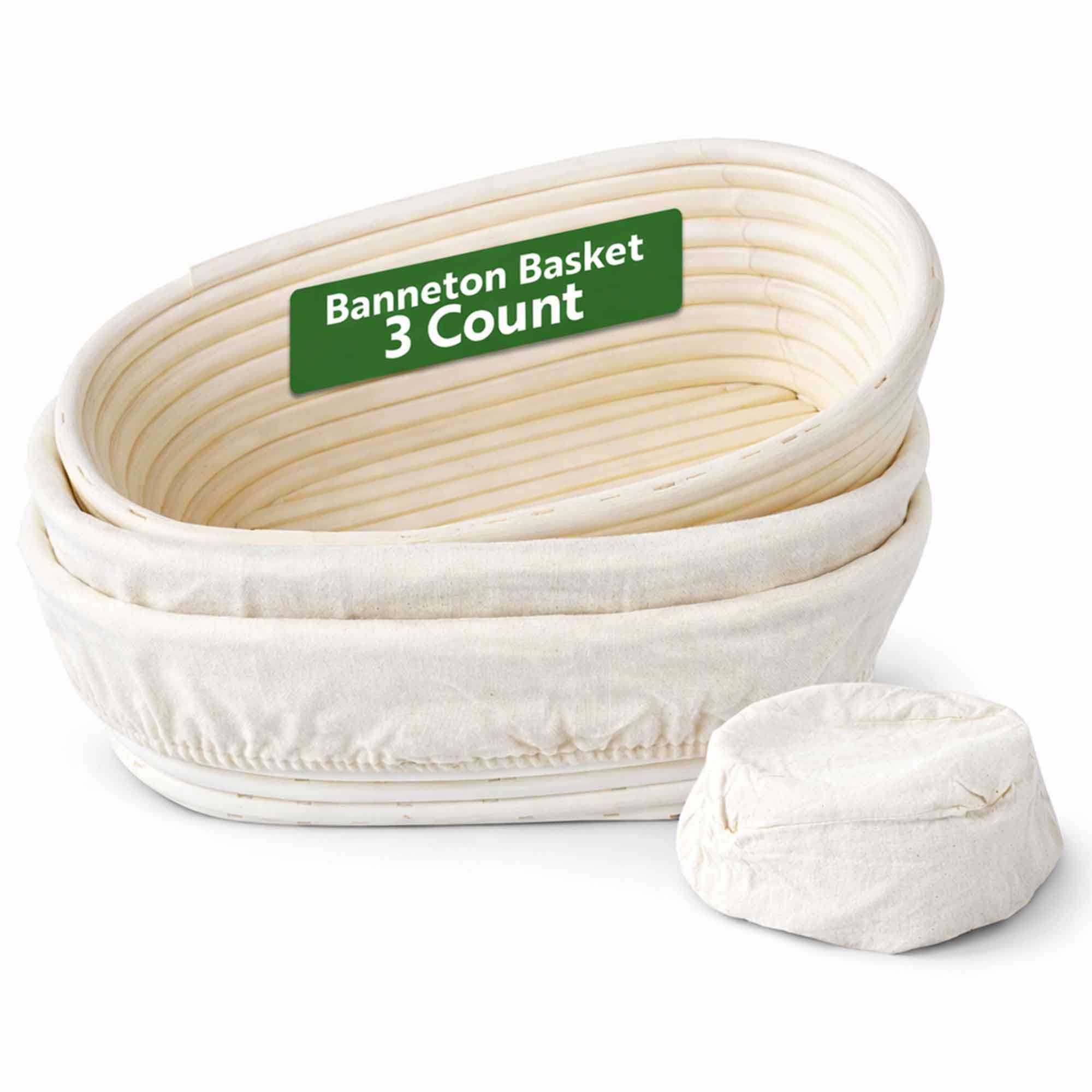 Pastry Tek Rattan Oval Natural Banneton Proofing Basket - with 2 Cotton Liners - 9 3/4" x 6" x 3" - 3 count box
