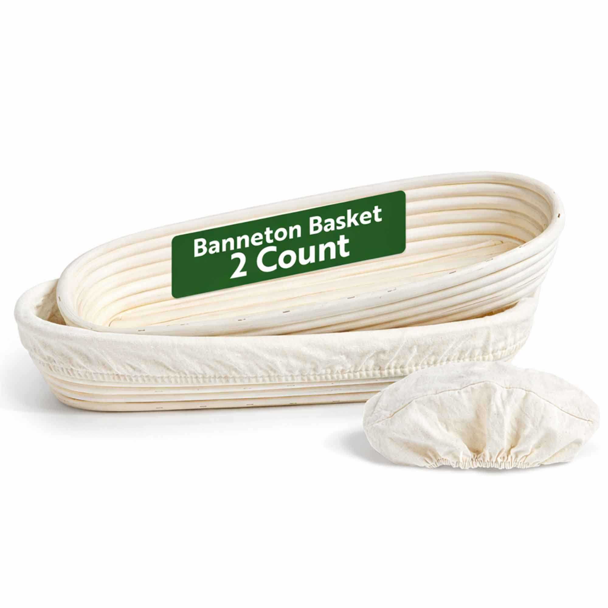 Pastry Tek Rattan Long Oval Natural Banneton Proofing Basket - with 2 Cotton Liners - 13 1/2" x 4" x 2 1/4" - 2 count box