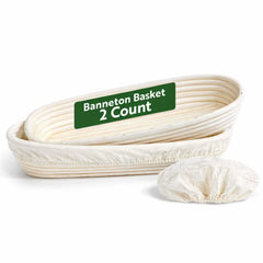 Pastry Tek Rattan Long Oval Natural Banneton Proofing Basket - with 2 Cotton Liners - 13 1/2