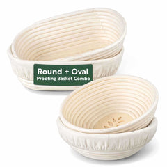 Pastry Tek 2-Piece Rattan Natural Banneton Proofing Basket Set - 9.1 Inch and 9.8x6.1 Inch, with Cotton Liners - 1 count box