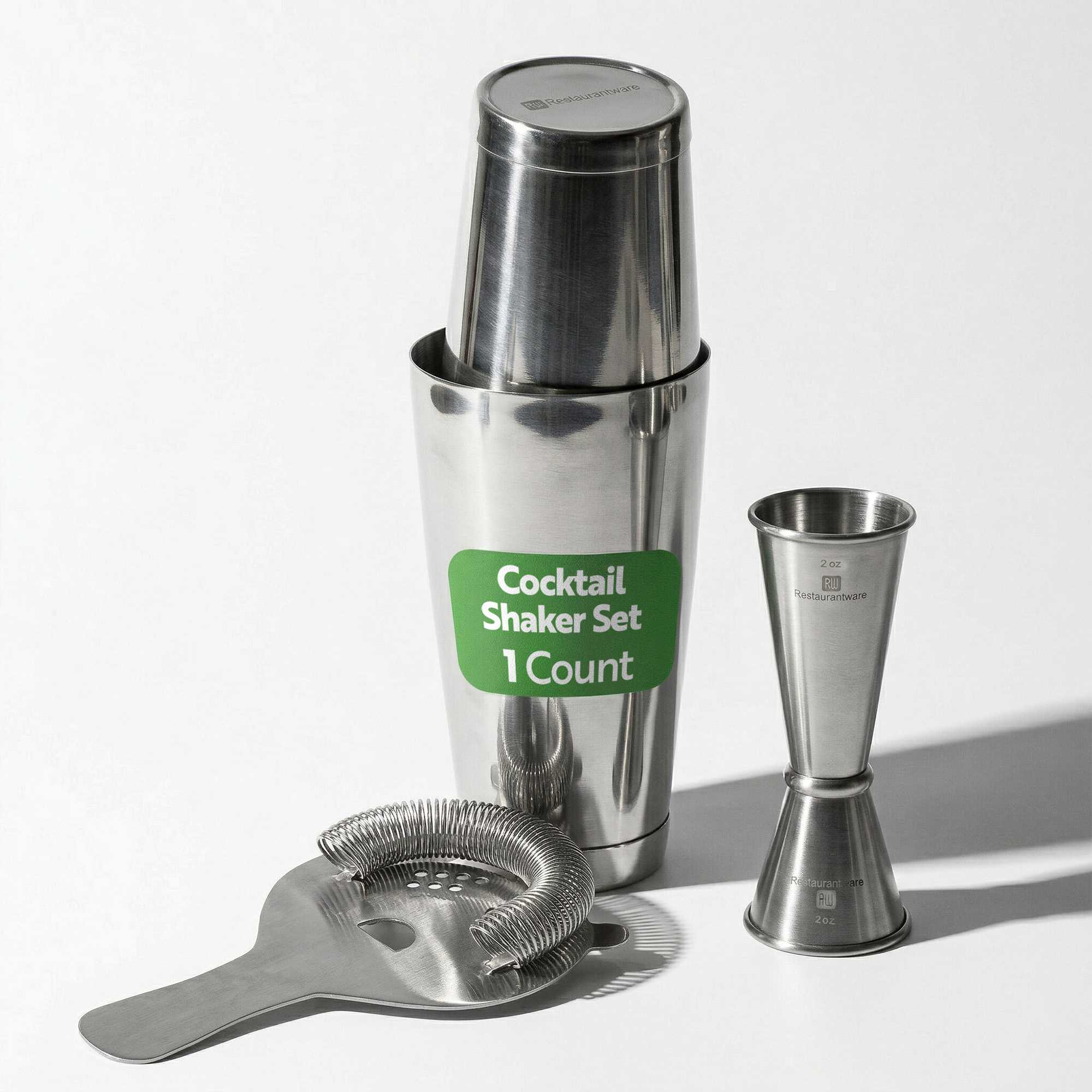 Bar Lux 4-Piece Stainless Steel Boston Cocktail Shaker Set - Weighted Tins, Strainer, Jigger - 1 count box