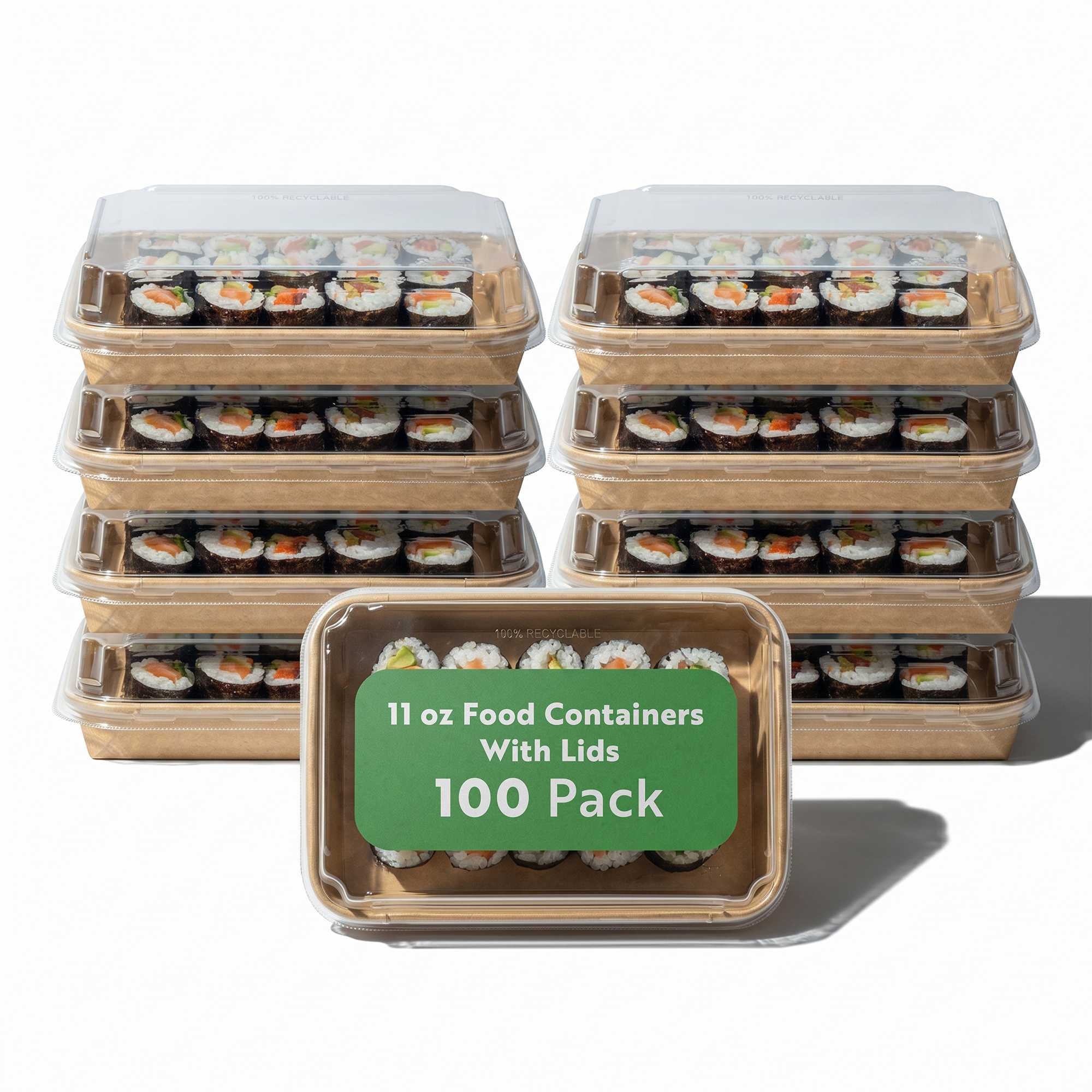 Matsuri Vision 11 oz Rectangle Kraft Paper Sushi Container - with Clear PET Lid - 7 1/4" x 5" x 1" - 100 count box