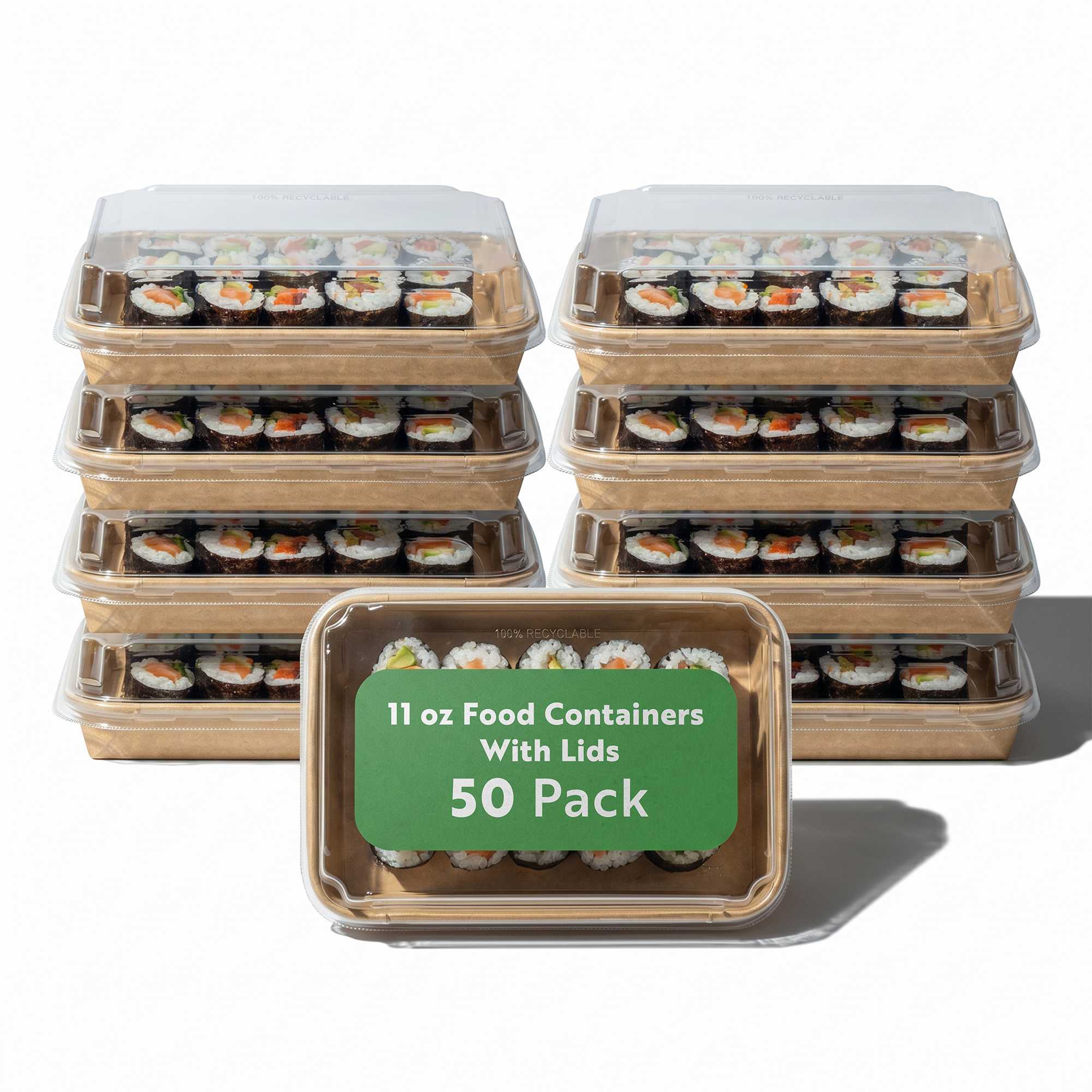 Matsuri Vision 11 oz Rectangle Kraft Paper Sushi Container - with Clear PET Lid - 7 1/4" x 5" x 1" - 50 count box