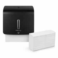 Clean Tek Professional Black Plastic M-Fold Paper Towel Dispenser - with 250 M-Fold Paper Towels - 10 3/4