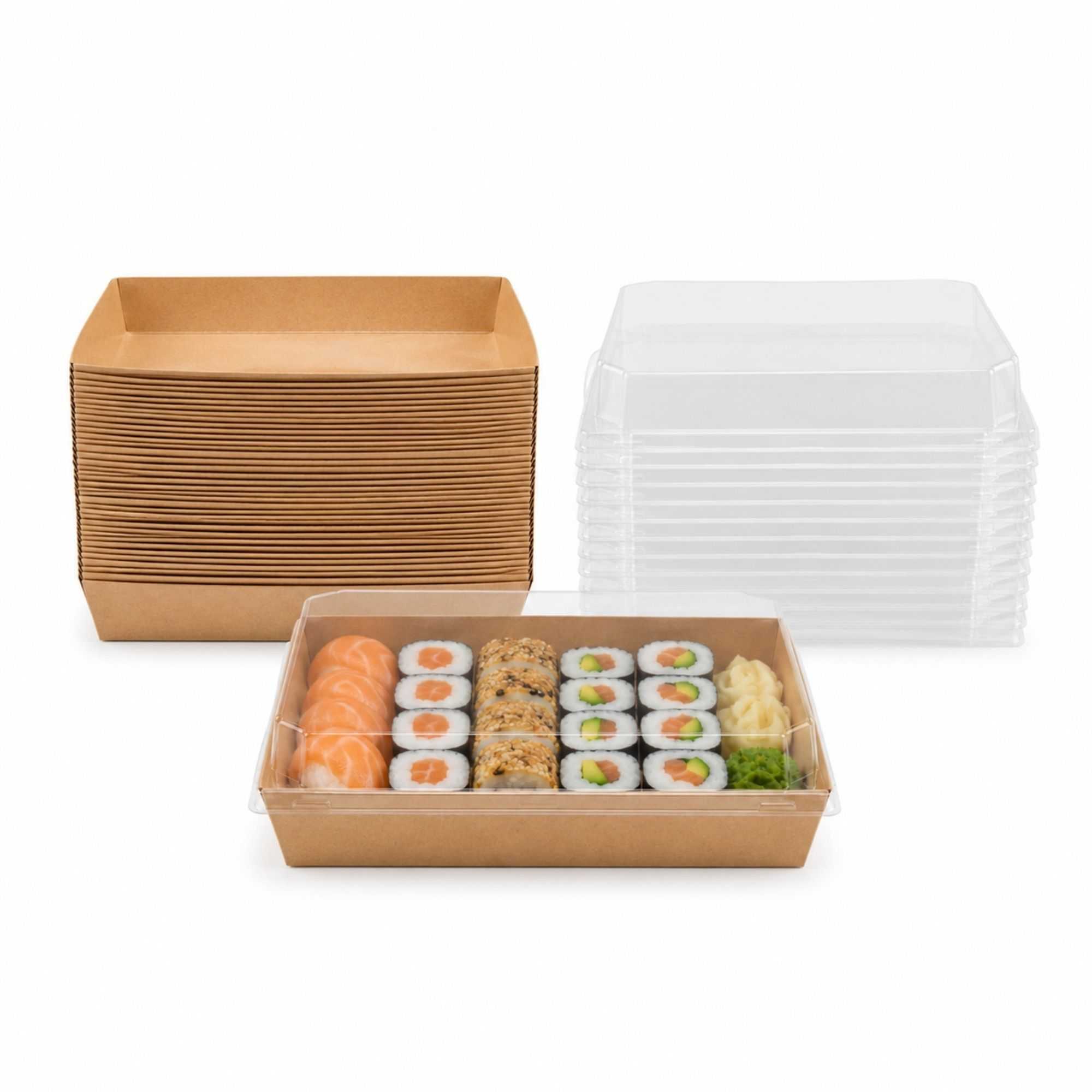 Matsuri Vision 2-Piece Rectangle Kraft Paper Medium Sushi Tray And Clear Plastic Lid Set - 8" x 5" x 1 1/2" - 100 count box