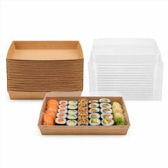 Matsuri Vision 2-Piece Rectangle Kraft Paper Large Sushi Tray And Clear Plastic Lid Set - 9