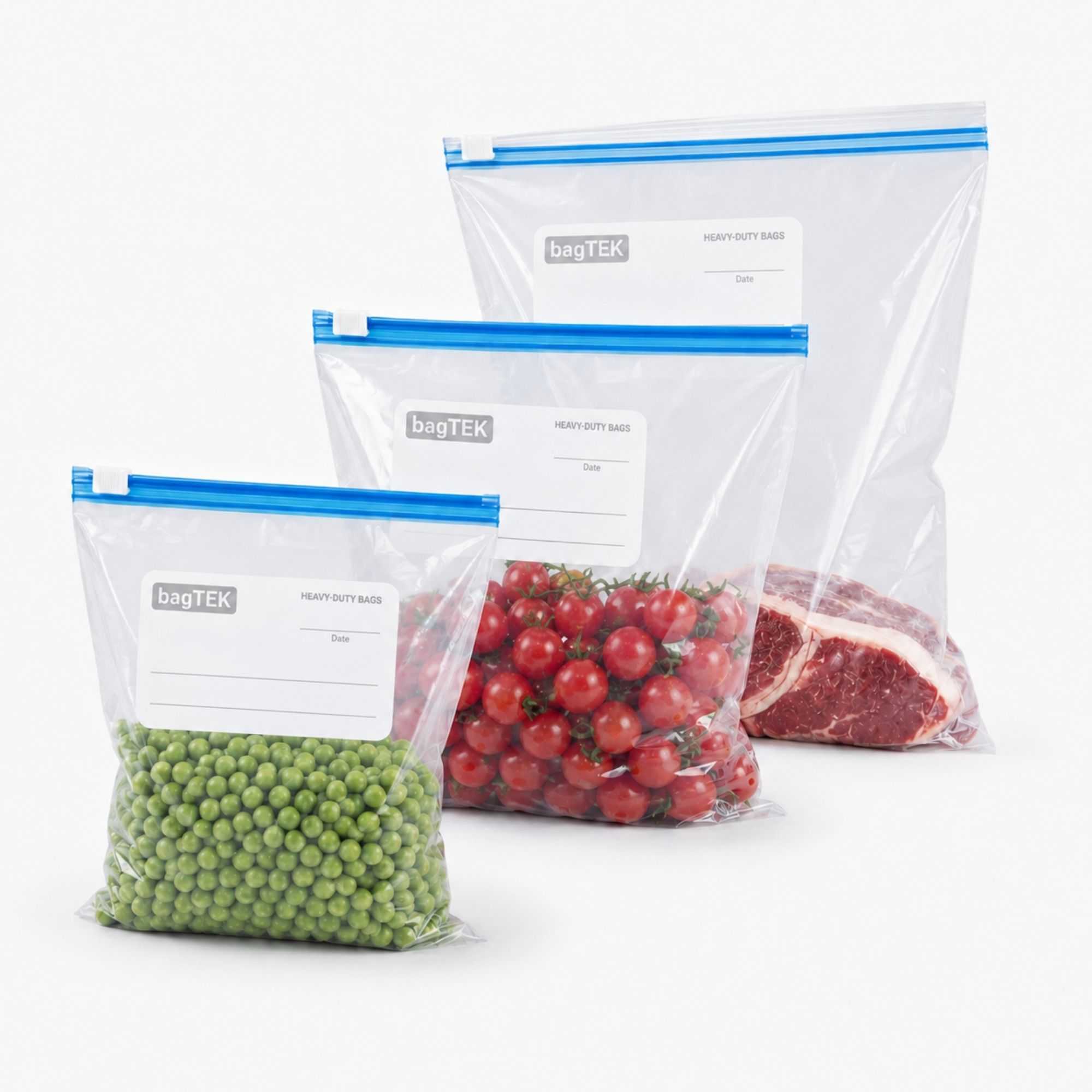 Bag Tek Clear Plastic Freezer Bag - Double Zipper, Write-on Label, 2 gal, 1 gal and 1 qt Sizes - 75 count box