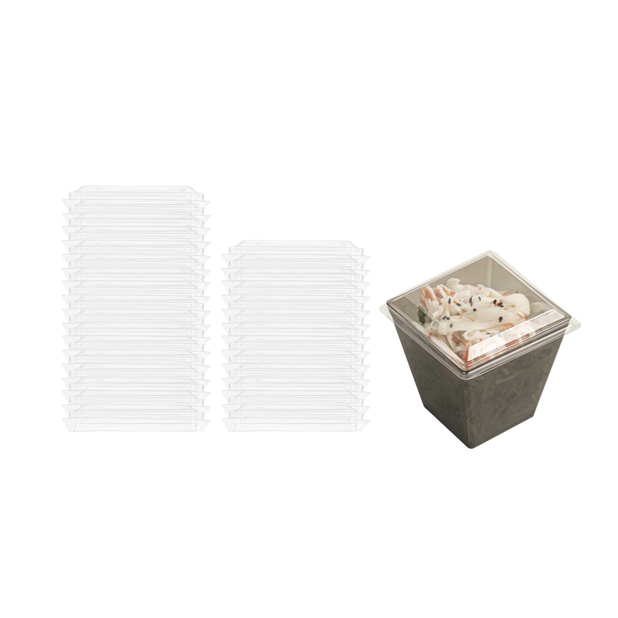 Mini Serve 8 oz Square Clear Plastic Large Kova Cup - with Lid - 2 3/4" x 2 3/4" x 2 3/4" - 100 count box