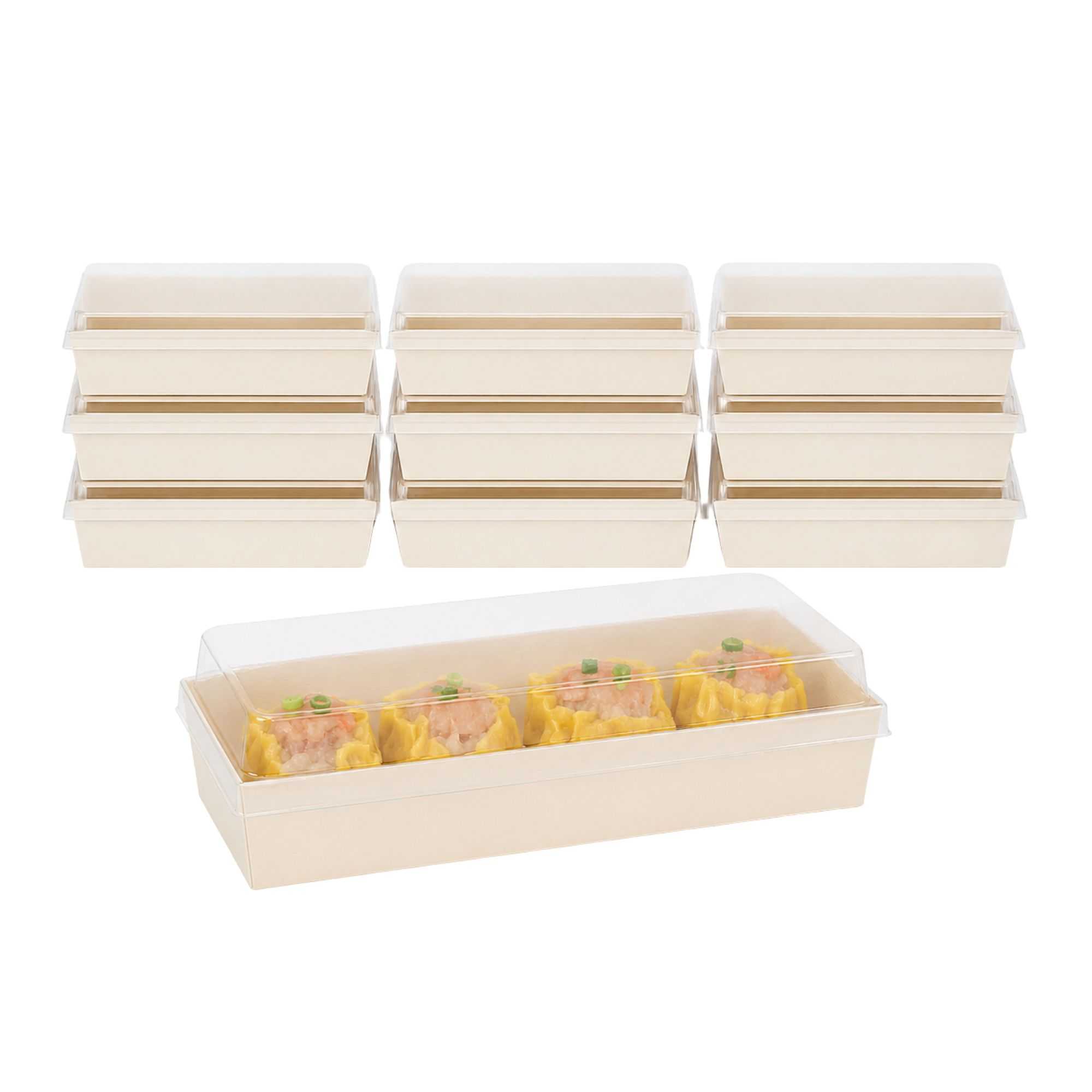 Taipei 18 oz Rectangle Poplar Long Straight Container - with Clear Plastic Lid - 7 1/4" x 3" x 1 1/2" - 100 count box