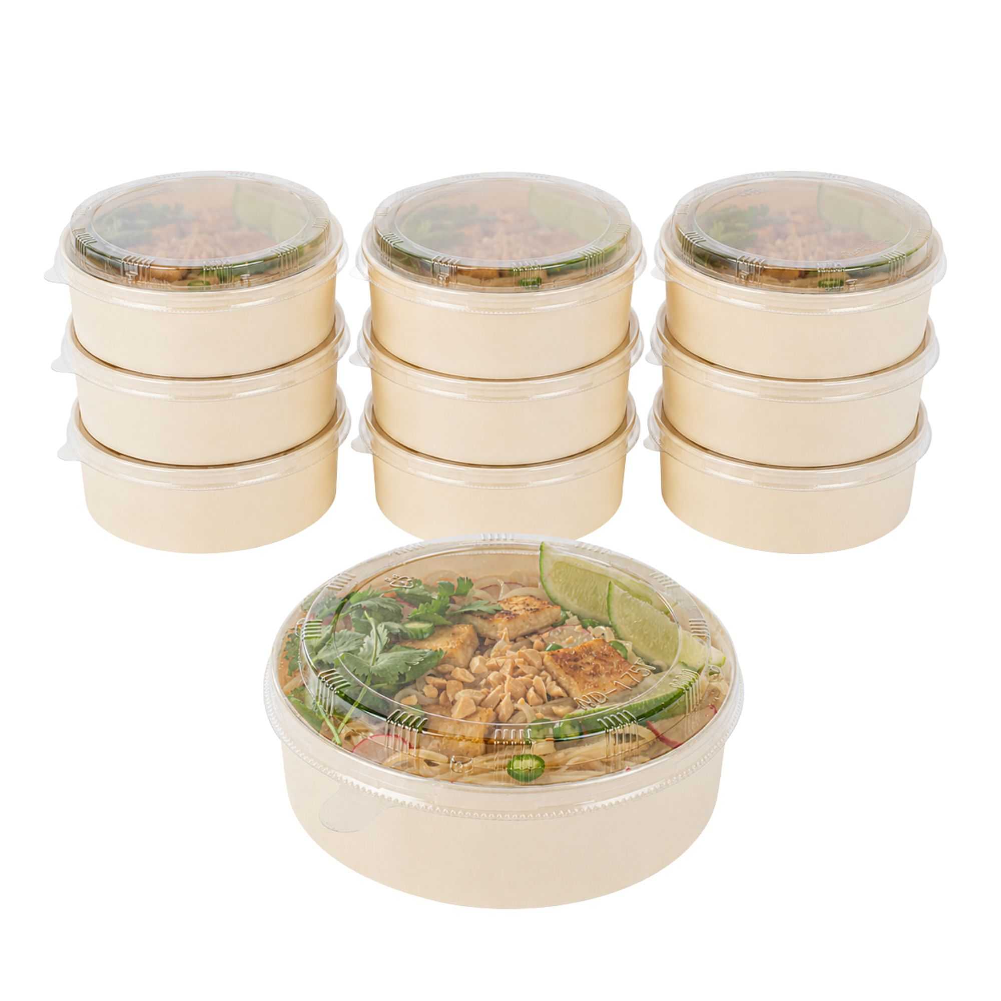 Taipei 33 oz Round Poplar Large Container - with Clear Plastic Lid - 6 3/4" x 6 3/4" x 1 3/4" - 100 count box