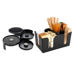 Bar Lux Black Plastic 3-Tier Cocktail Glass Rimmer - 6-Compartment Condiment Caddy Napkin Holder - 7 3/4
