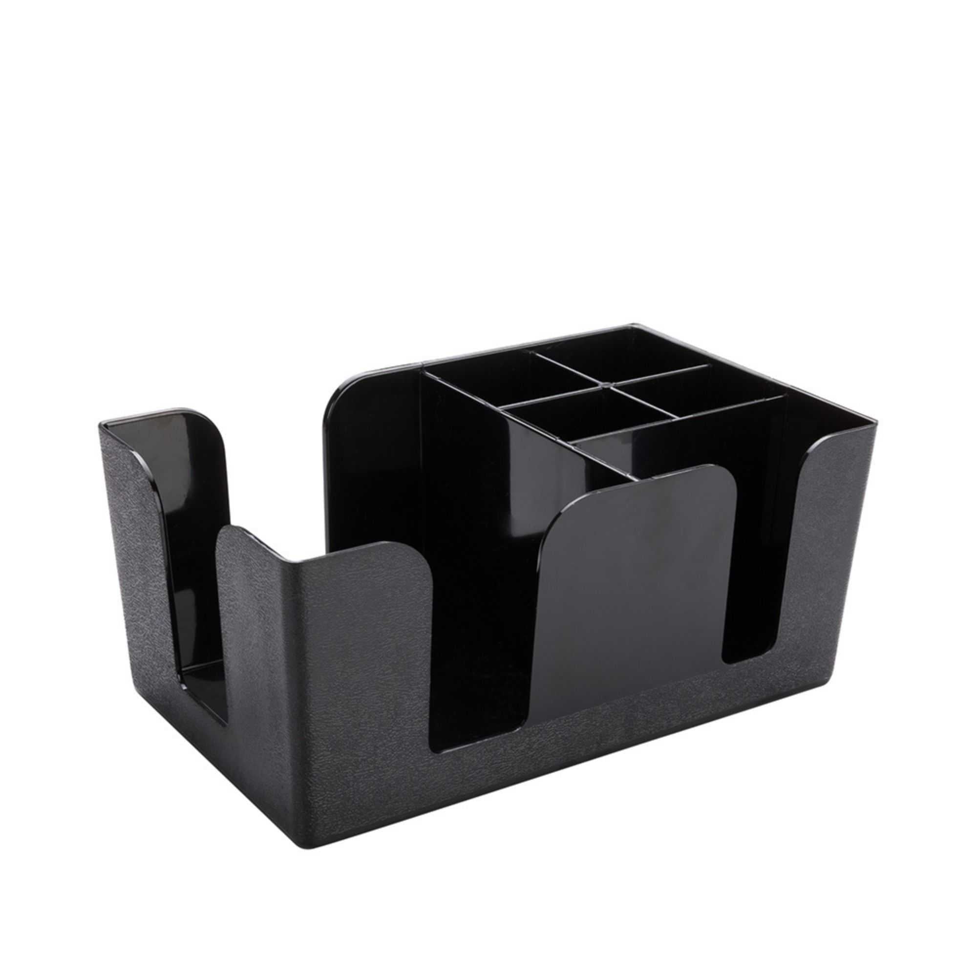 Bar Lux Black Plastic 3-Tier Cocktail Glass Rimmer - 6-Compartment Condiment Caddy Napkin Holder - 7 3/4" x 6 1/4" x 2 3/4" - 1 count box