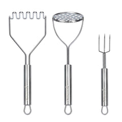 German Standard 3-Piece Stainless Steel Mashed Potato Prep Set - Square Masher, Round Masher, Potato Fork - 1 count box