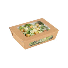 Cafe Vision 28 oz Rectangle Kraft Paper Small Bio Take Out Container - Two Windows - 6 1/4