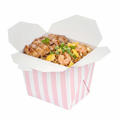 Bio Tek 8 oz Square Pink and White Stripe Paper Noodle Take Out Container - 2 3/4