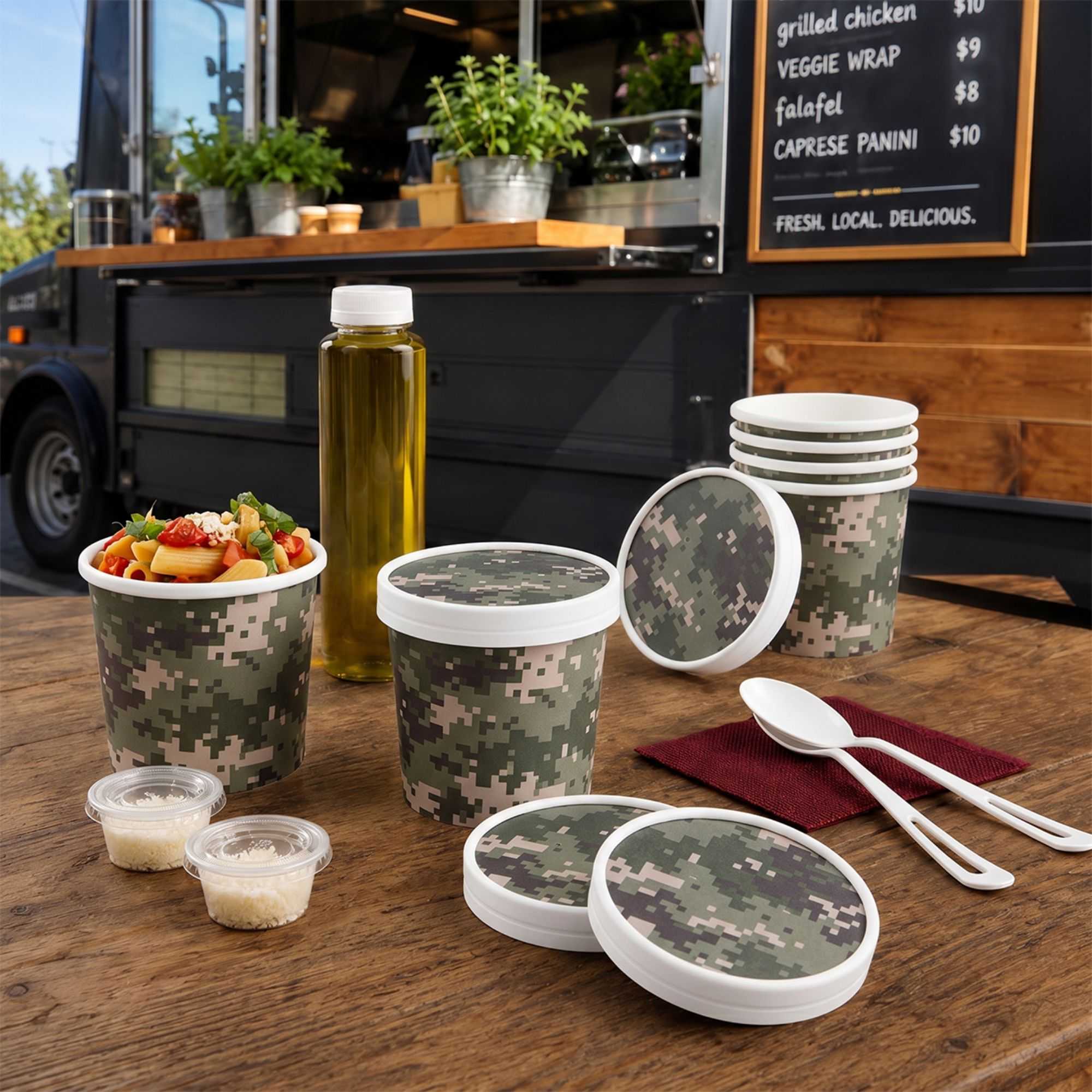 Bio Tek Round Camouflage Paper Soup Container Lid - Fits 12 oz - 200 count box
