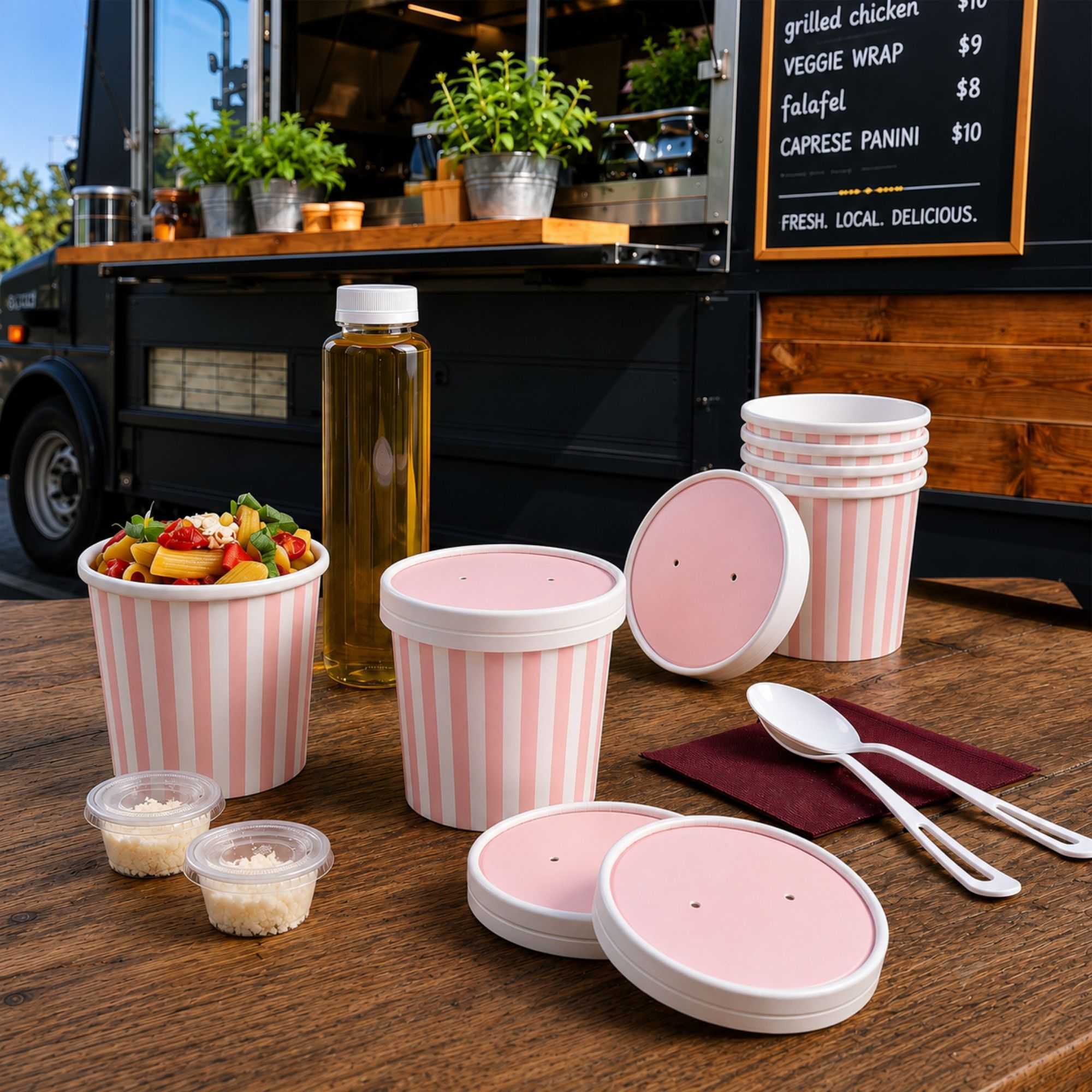 Bio Tek Round Pink and White Stripe Paper Soup Container Lid - Fits 12 oz - 200 count box