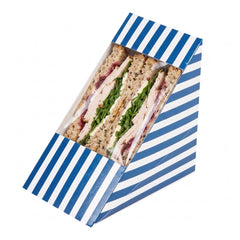 Cafe Vision Triangle Blue and White Stripe Paper Large Sandwich Box - 4 3/4