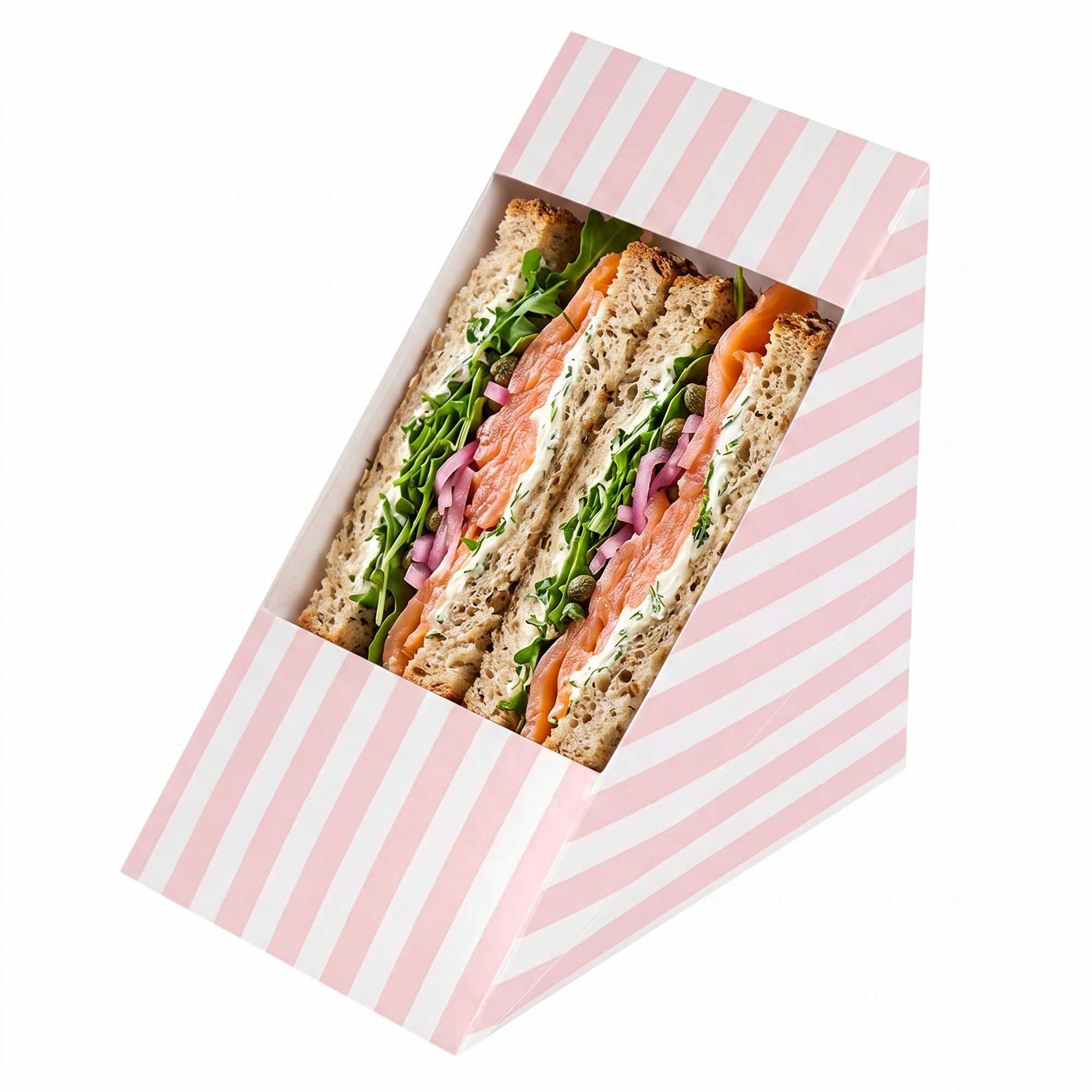 Cafe Vision Triangle Pink and White Stripe Paper Large Sandwich Box - 4 3/4" x 4 3/4" x 3 1/4" - 200 count box