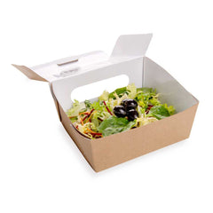 Cafe Vision 41 oz Rectangle Kraft Paper Large Bio Take Out Container - Two Windows - 5 1/4
