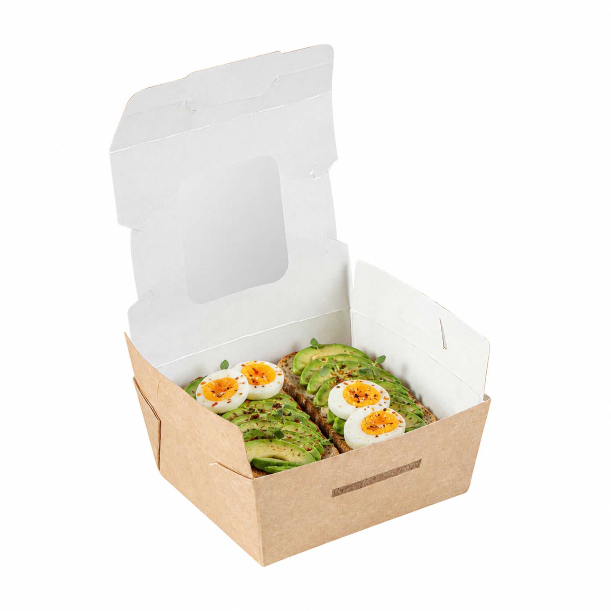 Cafe Vision 12 oz Rectangle Kraft Paper Mini Bio Take Out Container - Two Windows - 4 1/4" x 3 3/4" x 1 3/4" - 200 count box