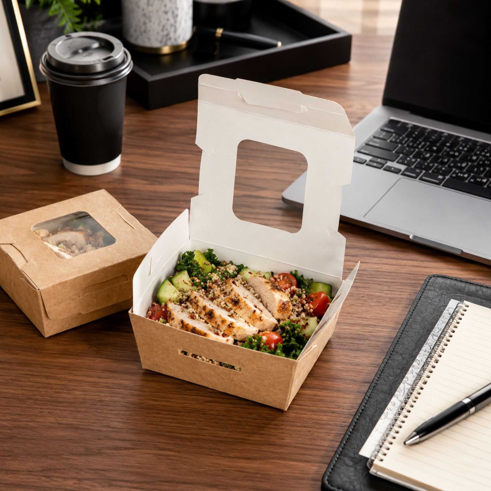 Cafe Vision 12 oz Rectangle Kraft Paper Mini Bio Take Out Container - Two Windows - 4 1/4" x 3 3/4" x 1 3/4" - 200 count box