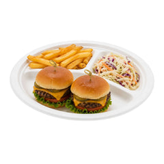 Pulp Tek Round White Sugarcane / Bagasse Plate - 3-Compartment - 10 1/4