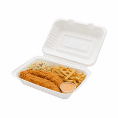 Pulp Tek 22 oz Rectangle White Sugarcane / Bagasse Medium Clamshell Container - 9