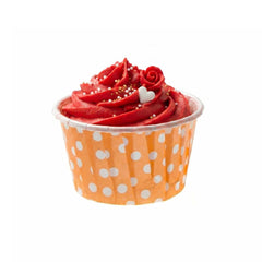 Panificio 2 oz Round Polka-Dotted Hot Orange Paper Medium Baking Cup - Pleated - 2 1/4