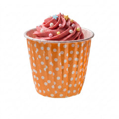Panificio 4 oz Round Polka-Dotted Hot Orange Paper Tall Baking Cup - Pleated - 3
